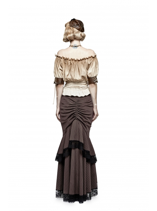 Off-White Jacquard Striped Off-Shoulder Big Neckband Chest Lace-Up Waist Elastic Band Punk T-Shirt
