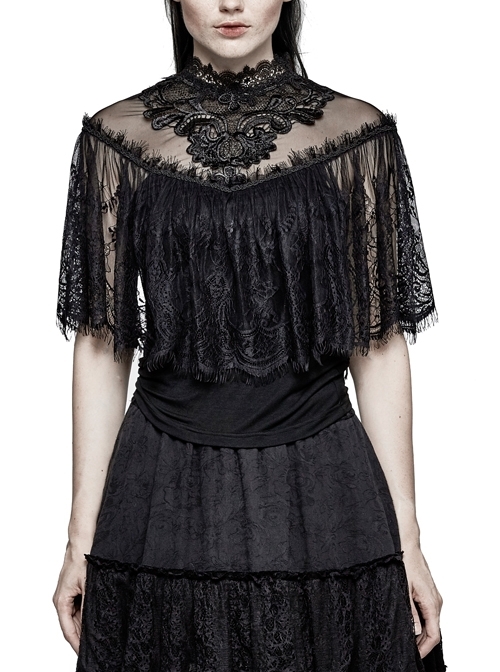 Chest Positioning Flowers Lace Shrug Shawl Buckle Black Gothic T-Shirt