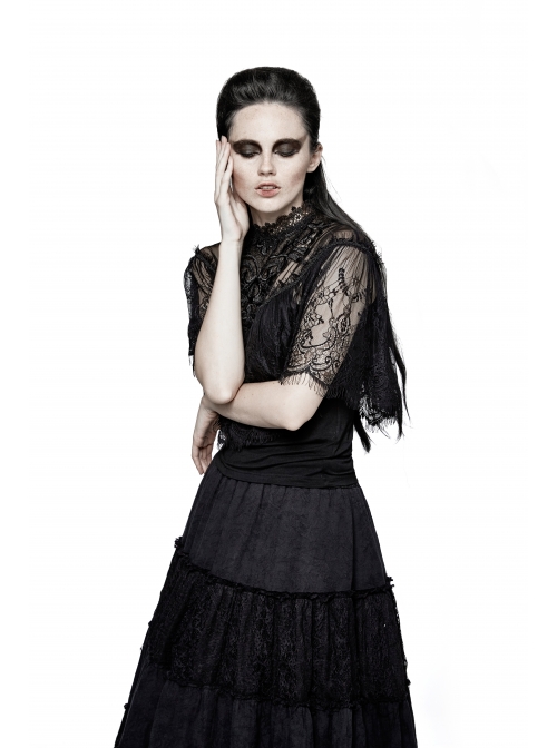 Chest Positioning Flowers Lace Shrug Shawl Buckle Black Gothic T-Shirt