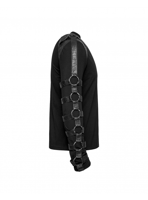 Shoulder Protection Heavy Metal Rings Leather Hasp Long Sleeve Black Punk T-Shirt