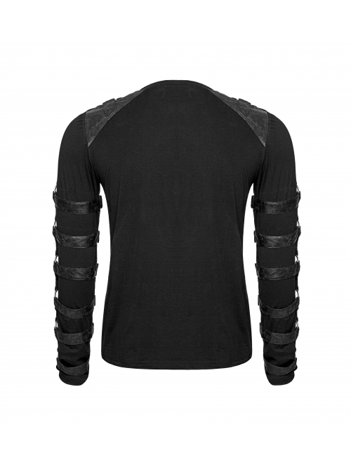 Shoulder Protection Heavy Metal Rings Leather Hasp Long Sleeve Black Punk T-Shirt