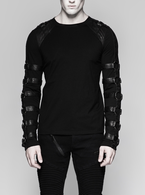 Shoulder Protection Heavy Metal Rings Leather Hasp Long Sleeve Black Punk T-Shirt