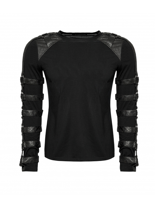 Shoulder Protection Heavy Metal Rings Leather Hasp Long Sleeve Black Punk T-Shirt