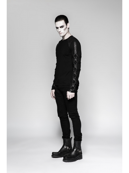 Shoulder Protection Heavy Metal Rings Leather Hasp Long Sleeve Black Punk T-Shirt