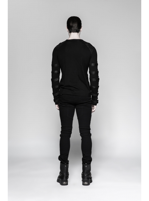 Shoulder Protection Heavy Metal Rings Leather Hasp Long Sleeve Black Punk T-Shirt