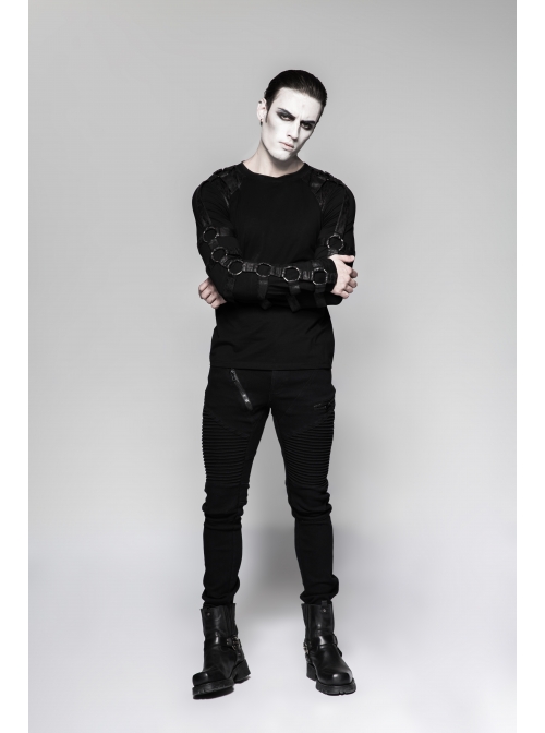 Shoulder Protection Heavy Metal Rings Leather Hasp Long Sleeve Black Punk T-Shirt
