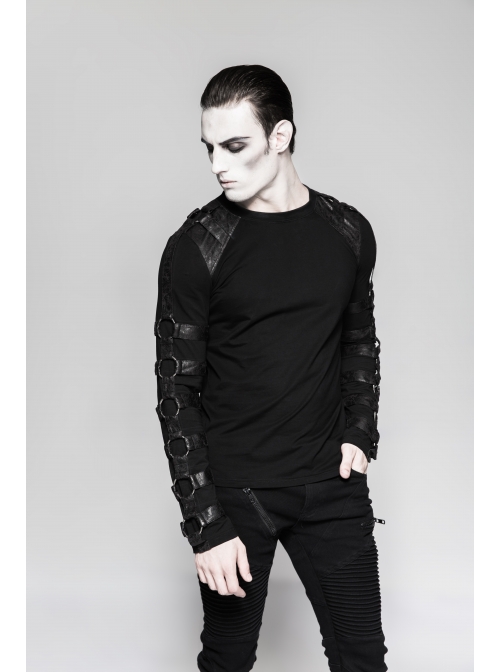 Shoulder Protection Heavy Metal Rings Leather Hasp Long Sleeve Black Punk T-Shirt