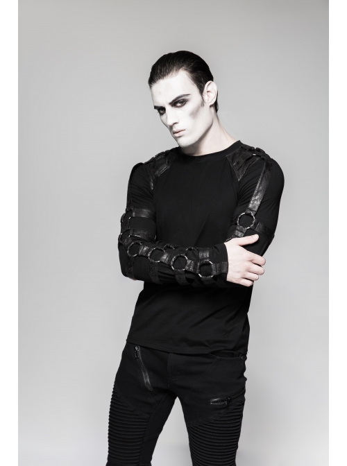 Shoulder Protection Heavy Metal Rings Leather Hasp Long Sleeve Black Punk T-Shirt
