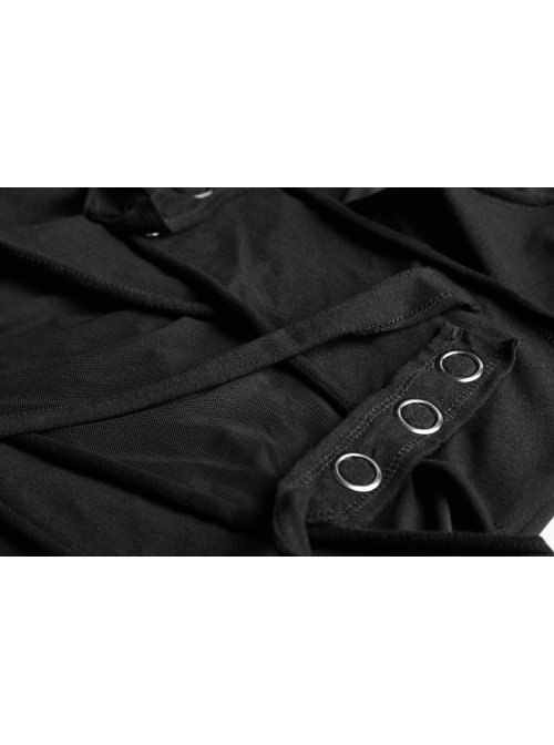 High Collar Chest Metal Rings Sagging Straps Splice Mesh Burring Black Punk Skinny T-Shirt