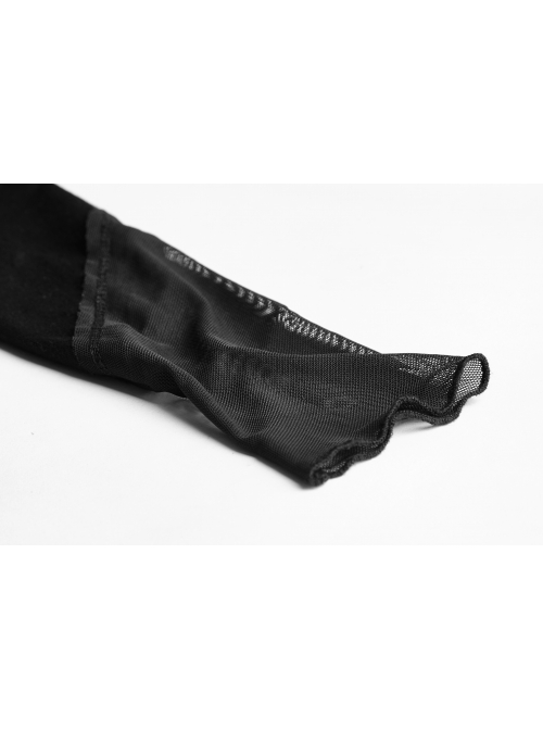 High Collar Chest Metal Rings Sagging Straps Splice Mesh Burring Black Punk Skinny T-Shirt
