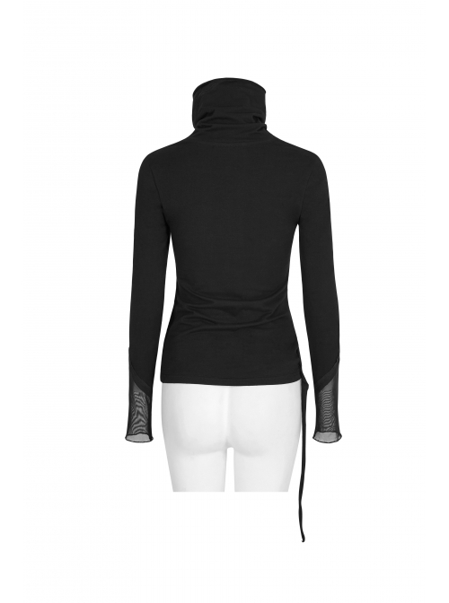 High Collar Chest Metal Rings Sagging Straps Splice Mesh Burring Black Punk Skinny T-Shirt