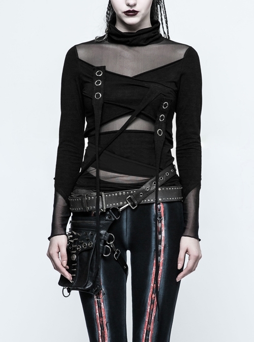 High Collar Chest Metal Rings Sagging Straps Splice Mesh Burring Black Punk Skinny T-Shirt