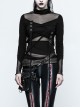 High Collar Chest Metal Rings Sagging Straps Splice Mesh Burring Black Punk Skinny T-Shirt