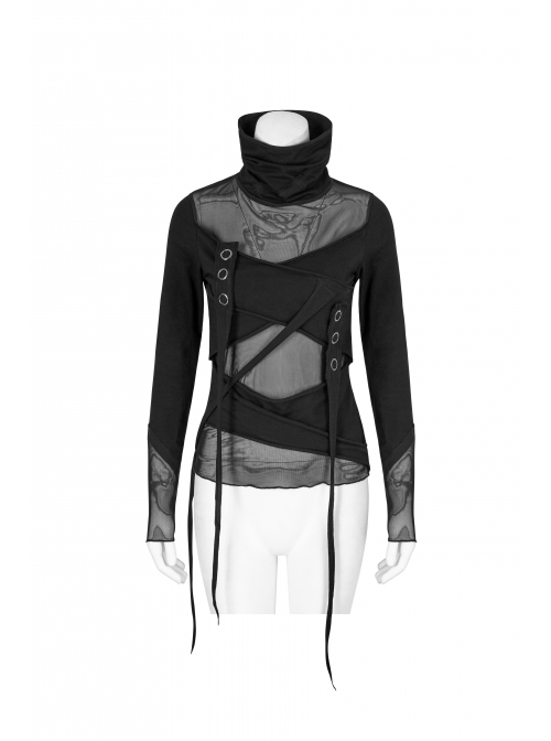 High Collar Chest Metal Rings Sagging Straps Splice Mesh Burring Black Punk Skinny T-Shirt