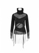 High Collar Chest Metal Rings Sagging Straps Splice Mesh Burring Black Punk Skinny T-Shirt