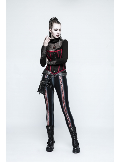 High Collar Chest Metal Rings Sagging Straps Splice Mesh Burring Black Punk Skinny T-Shirt