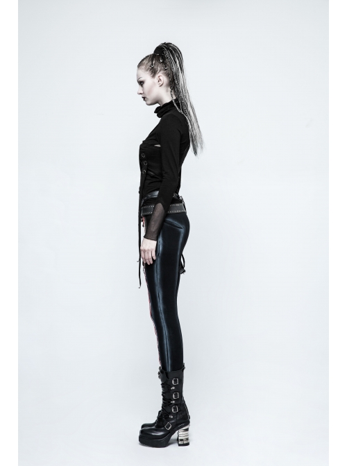 High Collar Chest Metal Rings Sagging Straps Splice Mesh Burring Black Punk Skinny T-Shirt