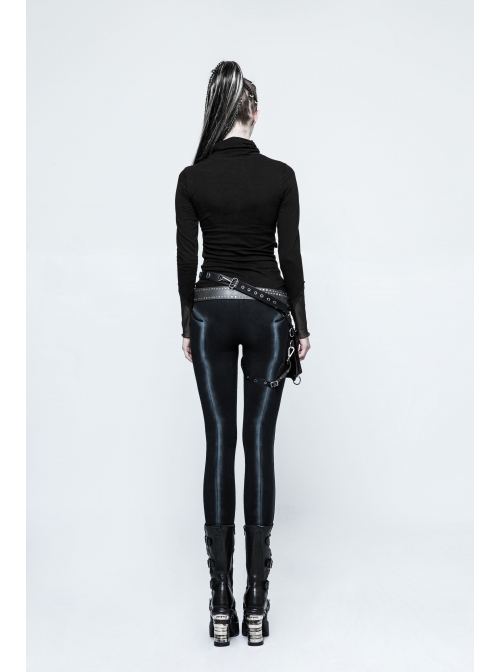 High Collar Chest Metal Rings Sagging Straps Splice Mesh Burring Black Punk Skinny T-Shirt