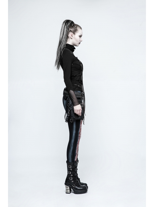 High Collar Chest Metal Rings Sagging Straps Splice Mesh Burring Black Punk Skinny T-Shirt