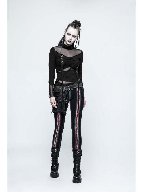 High Collar Chest Metal Rings Sagging Straps Splice Mesh Burring Black Punk Skinny T-Shirt