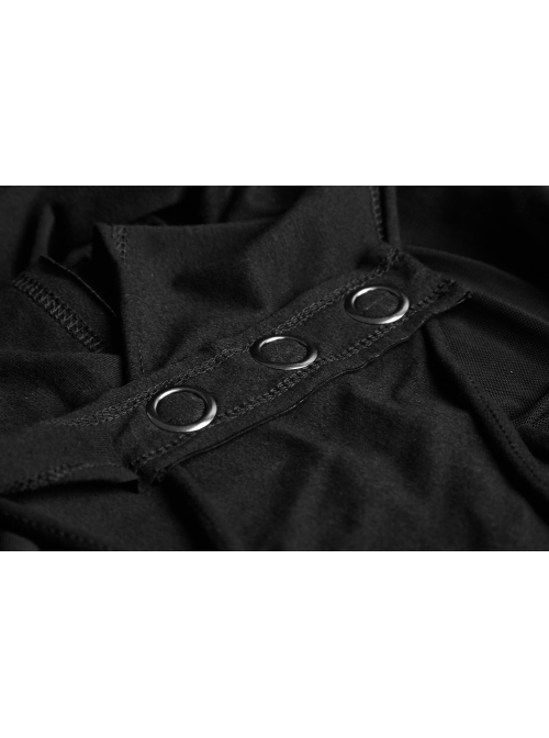 High Collar Chest Metal Rings Sagging Straps Splice Mesh Burring Black Punk Skinny T-Shirt