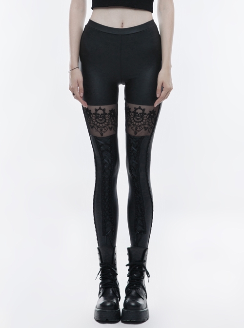 Matt Elastic PU Leather Knitted Splice Mesh Skull Embroidered Black Gothic Leggings