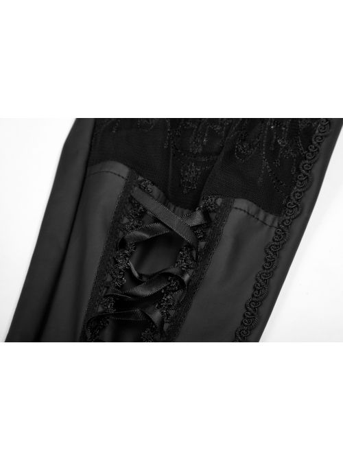 Matt Elastic PU Leather Knitted Splice Mesh Skull Embroidered Black Gothic Leggings