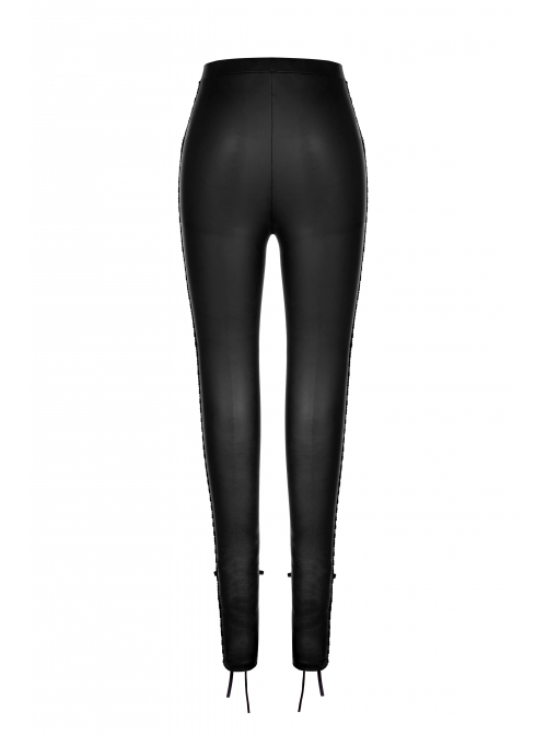 Matt Elastic PU Leather Knitted Splice Mesh Skull Embroidered Black Gothic Leggings