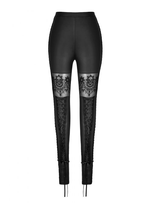 Matt Elastic PU Leather Knitted Splice Mesh Skull Embroidered Black Gothic Leggings