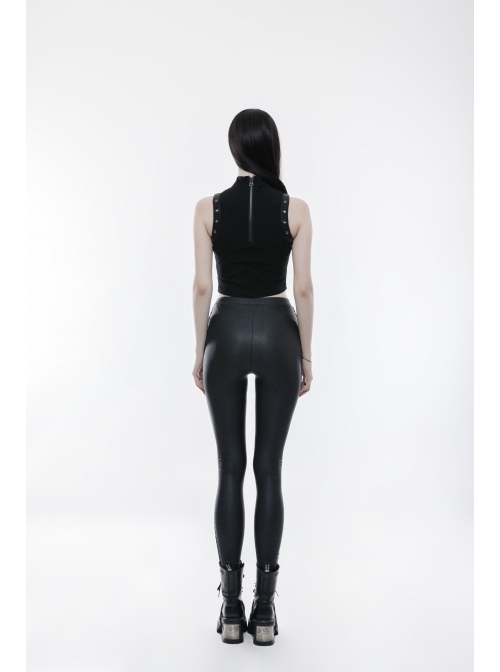 Matt Elastic PU Leather Knitted Splice Mesh Skull Embroidered Black Gothic Leggings