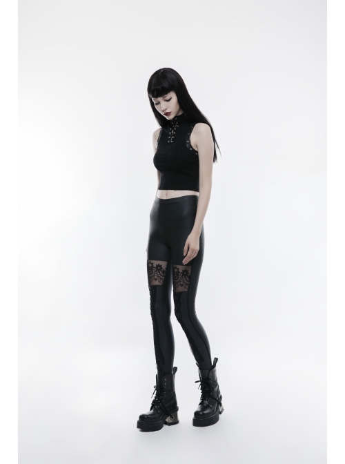 Matt Elastic PU Leather Knitted Splice Mesh Skull Embroidered Black Gothic Leggings