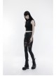 Matt Elastic PU Leather Knitted Splice Mesh Skull Embroidered Black Gothic Leggings