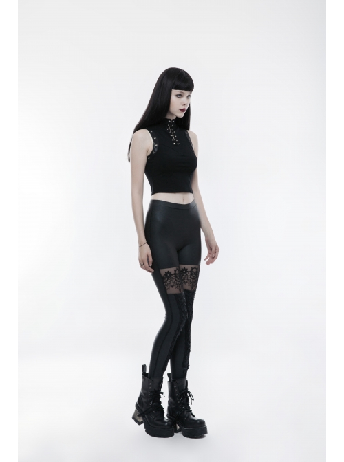 Matt Elastic PU Leather Knitted Splice Mesh Skull Embroidered Black Gothic Leggings