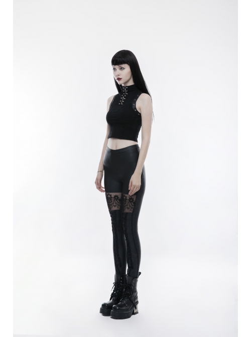 Matt Elastic PU Leather Knitted Splice Mesh Skull Embroidered Black Gothic Leggings