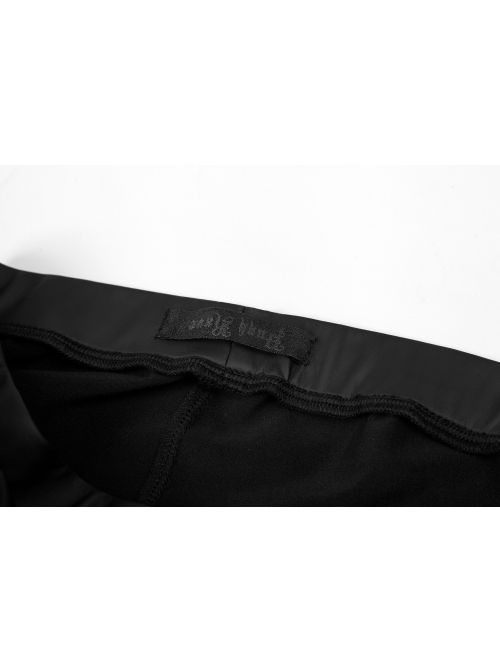 Matt Elastic PU Leather Knitted Splice Mesh Skull Embroidered Black Gothic Leggings