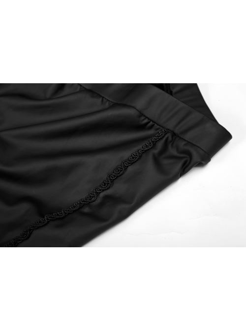 Matt Elastic PU Leather Knitted Splice Mesh Skull Embroidered Black Gothic Leggings