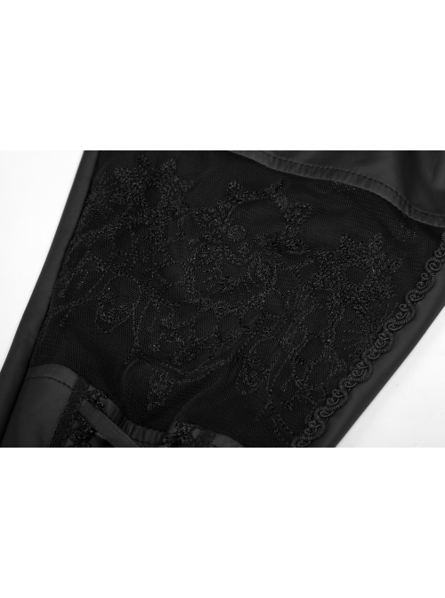 Matt Elastic PU Leather Knitted Splice Mesh Skull Embroidered Black Gothic Leggings