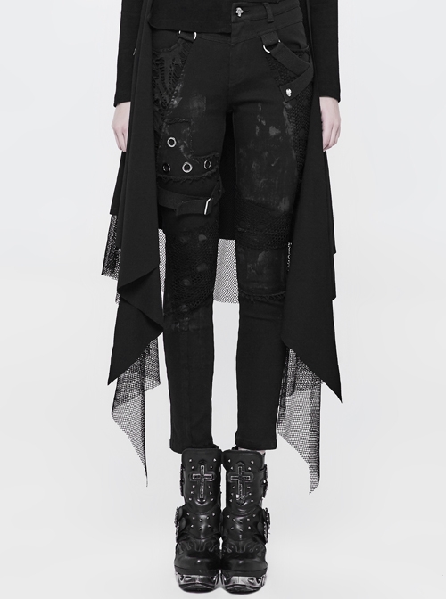 Black Twill Dilapidated Splice Mesh Metal Rings Hasp Punk Trousers