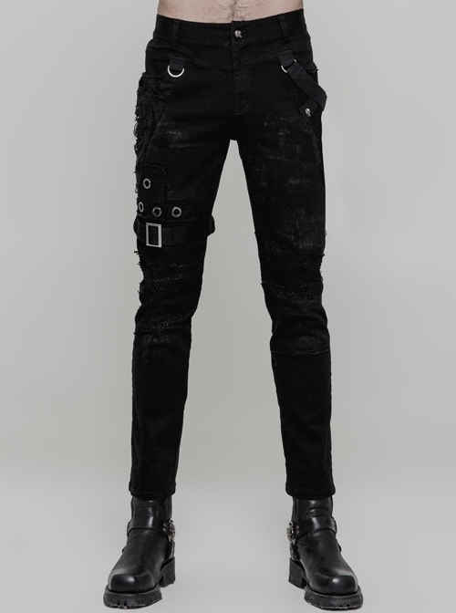 Black Twill Dilapidated Splice Mesh Metal Rings Hasp Punk Trousers