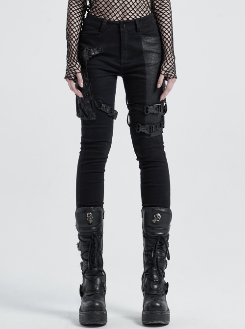 Twill Splice Crack Skin Side Pocket Plastic Buckle Legs Loop Black Punk Tight Trousers
