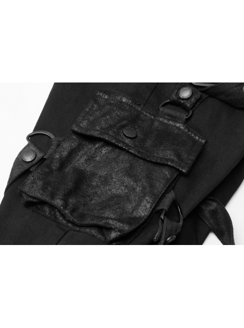 Twill Splice Crack Skin Side Pocket Plastic Buckle Legs Loop Black Punk Tight Trousers