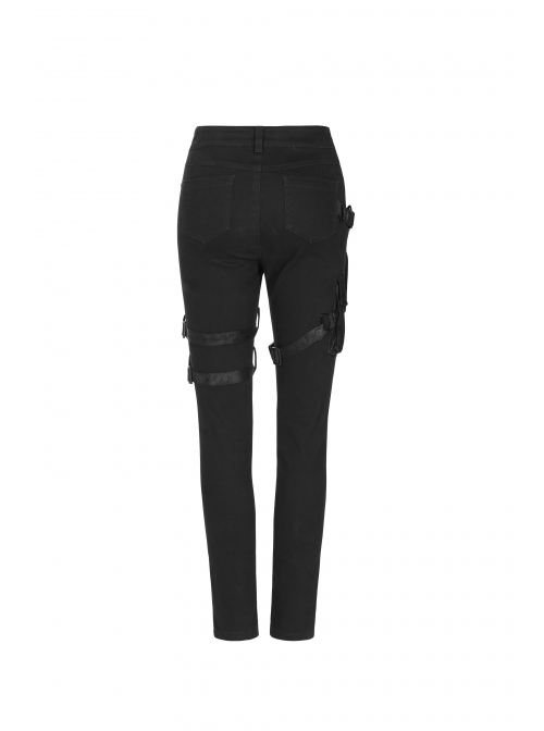 Twill Splice Crack Skin Side Pocket Plastic Buckle Legs Loop Black Punk Tight Trousers