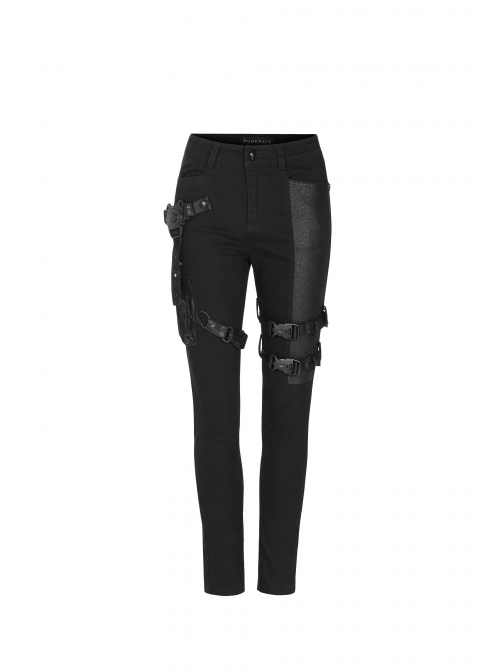 Twill Splice Crack Skin Side Pocket Plastic Buckle Legs Loop Black Punk Tight Trousers