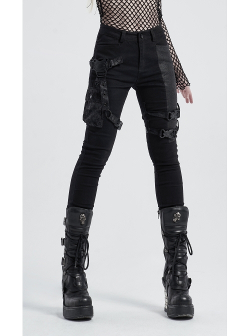 Twill Splice Crack Skin Side Pocket Plastic Buckle Legs Loop Black Punk Tight Trousers