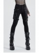 Twill Splice Crack Skin Side Pocket Plastic Buckle Legs Loop Black Punk Tight Trousers