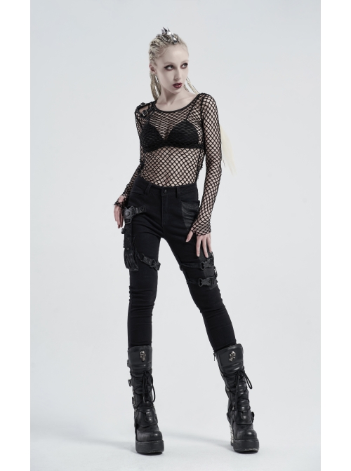 Twill Splice Crack Skin Side Pocket Plastic Buckle Legs Loop Black Punk Tight Trousers