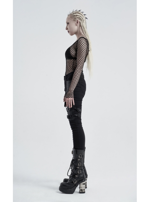 Twill Splice Crack Skin Side Pocket Plastic Buckle Legs Loop Black Punk Tight Trousers