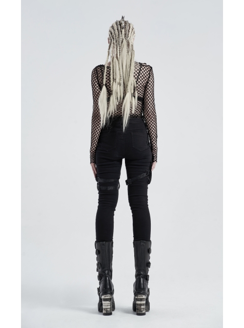 Twill Splice Crack Skin Side Pocket Plastic Buckle Legs Loop Black Punk Tight Trousers