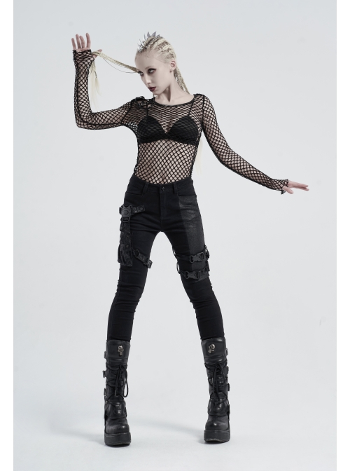 Twill Splice Crack Skin Side Pocket Plastic Buckle Legs Loop Black Punk Tight Trousers