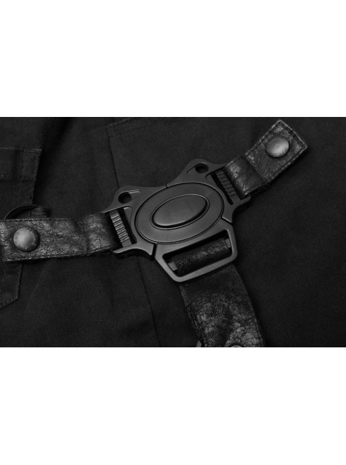 Twill Splice Crack Skin Side Pocket Plastic Buckle Legs Loop Black Punk Tight Trousers